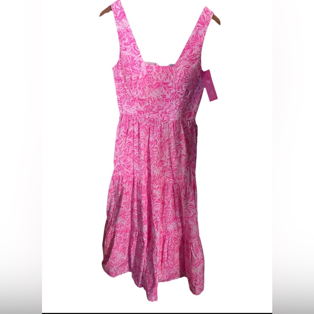 Lilly Pulitzer McKinnon Midi Dress Pink Blossom Foxy Lama Fit & Flare Size 4 NWT